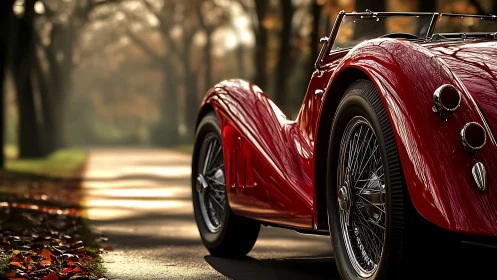Classic red roadster parked on sunlit tree-lined lane.