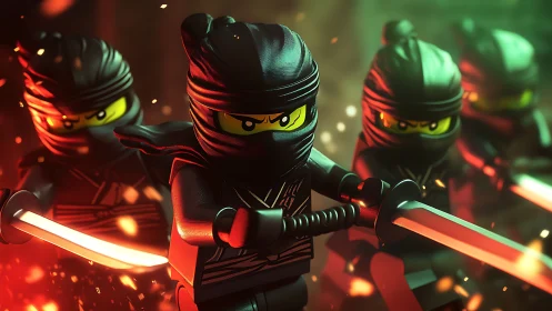 Lego ninjas charge forward with glowing katanas in battle.