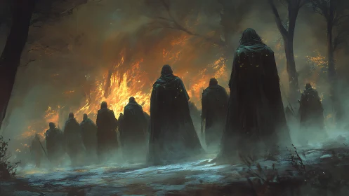 Cloaked figures observe a forest engulfed in distant fire.