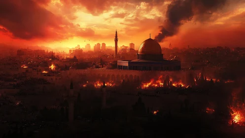 Storm-lit city skyline rises behind a domed landmark in flames