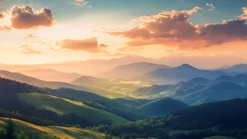 Stratified mountain ridges in volumetric sunset atmosphere.