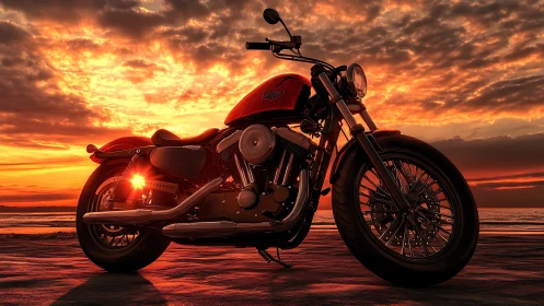 Red cruiser motorcycle parked by calm sunset shoreline.