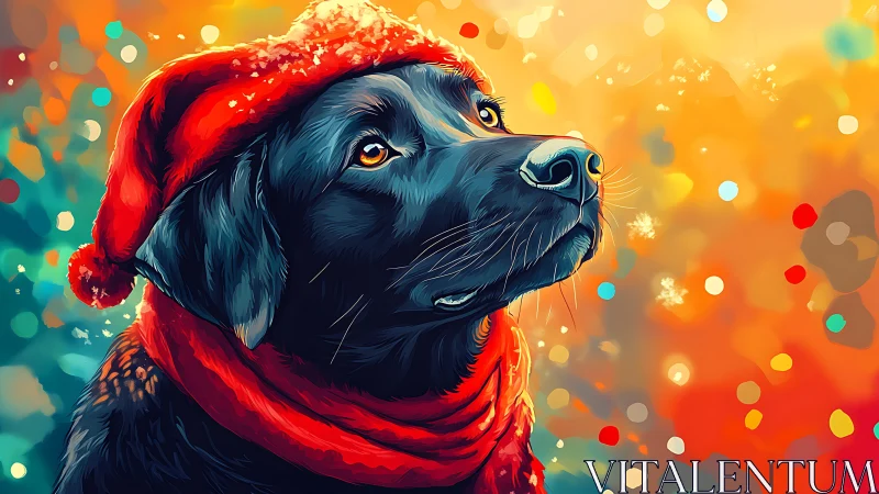 Black labrador in red winter hat under glowing bokeh snow