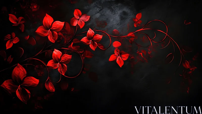 Red flowers with curved vines on dark textured background