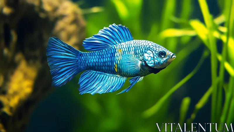 Shimmering blue guppy glides like polished metal through kelp