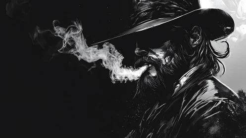 Smoke curls like ghost stories from the shadowed gunslinger