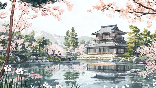 Tranquil lakeside temple rests under soft cherry blossoms