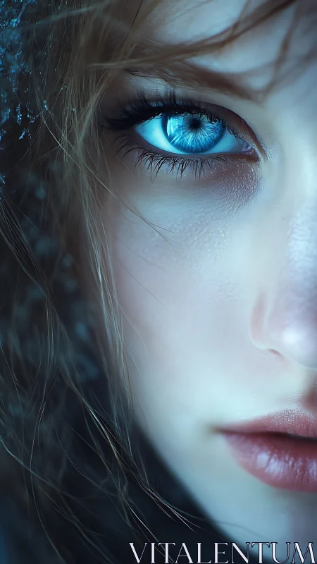 Close female face with icy blue eye in tight vertical crop