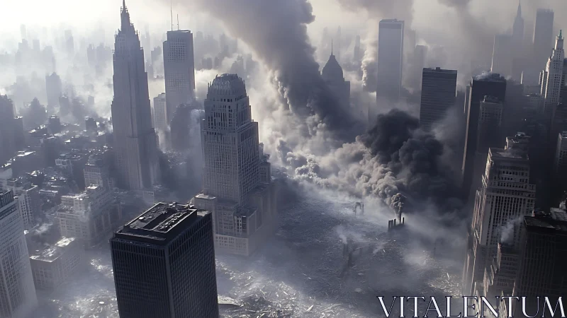 Smoke-choked skyscraper canyon in devastated metropolis.