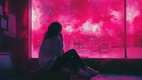 Neon window reverie with a lone silhouette in pink dusk.