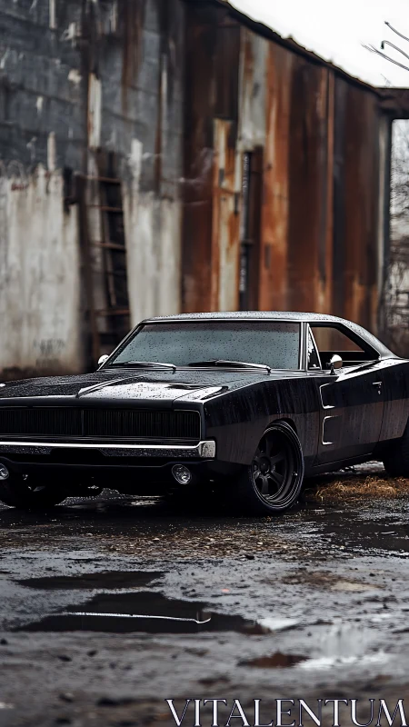 Black classic muscle car in wet industrial yard setting.