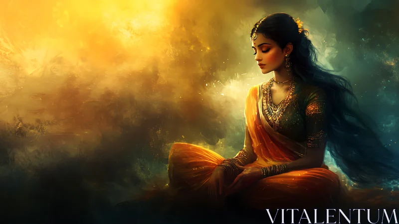 Golden calm surrounds a meditative woman in flowing sari