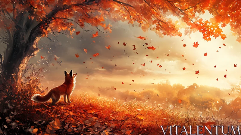 Autumn fox observes drifting leaves in luminous backlit grove