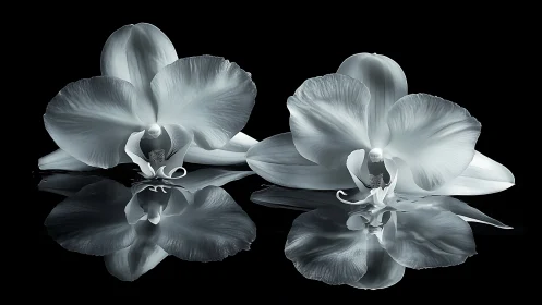Monochrome orchid duet with mirrored reflective surface composition.