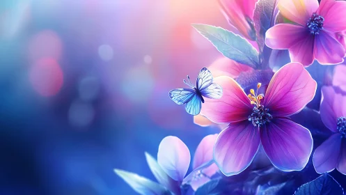 Vibrant Cosmos Flowers with Blue Butterfly Dance.