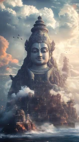 Colossal stone deity mountain rising through ocean clouds.