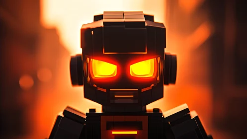 Lego-style black robot portrait glows against fiery bokeh background
