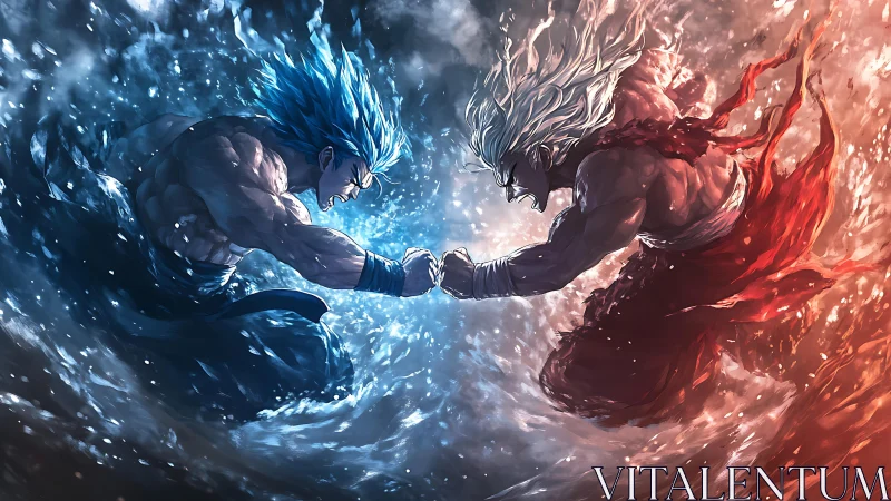 Elemental warriors collide in explosive blue red power clash.