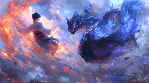 Sorcerer commands swirling fire and water dragon spirits