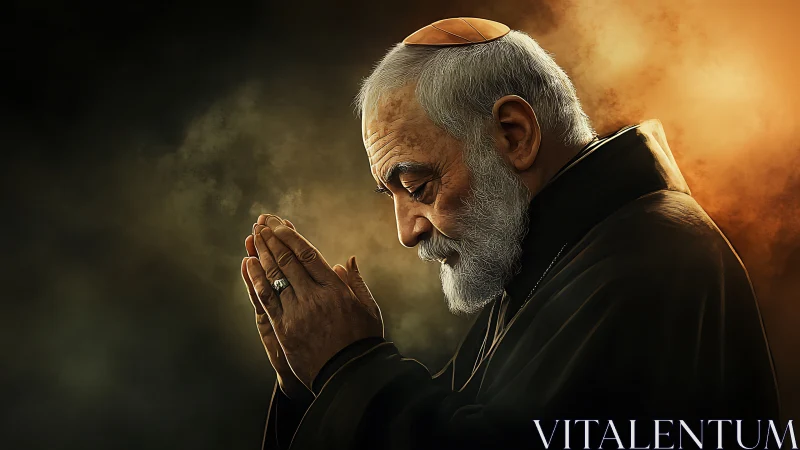Side-lit elderly monk in prayer against volumetric bokeh haze
