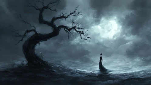 Solitary figure beneath moonlit sky with twisted barren tree.