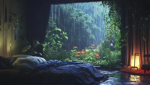 Rain-soaked bedroom aperture opening into luminous jungle garden.