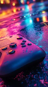 Neon-Saturated Gaming Controller on Crystalline Cybernetic Surface.