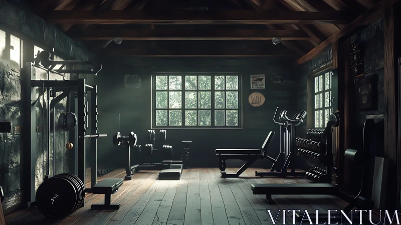 Rustic home gym interior with directional window lighting and free weights