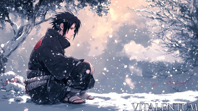 Solitary anime warrior crouched in softly falling snowstorm.