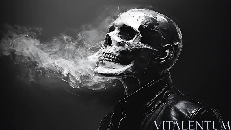 Skull-headed figure exhales ghostly smoke in stark monochrome.