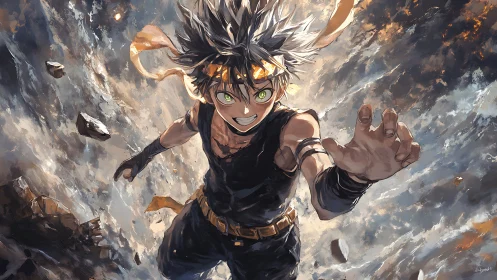 Sky-shattering anime hero hurtles forward through blazing dust.