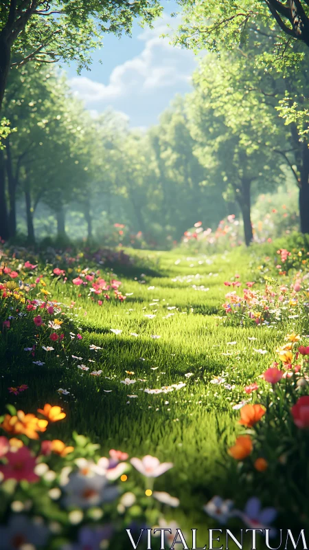 Sunlit forest path with dense grass and wildflower blooms