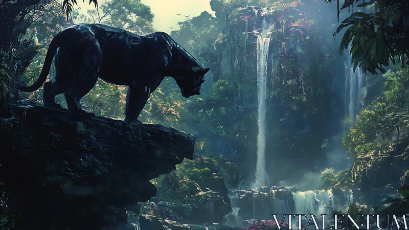 Silhouetted Felid Perched on Rocky Outcrop with Cascading Waterfall.