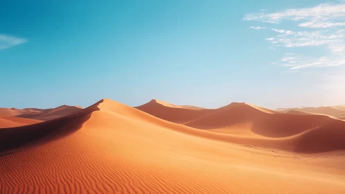 Sunlit desert dunes under clear cyan sky at golden hour.