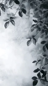 Monochrome botanical foliage framing soft diffused sky field