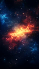 Fiery galactic nebula splitting cool blue starfield glow.