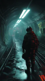 Armed figure standing on wet tracks in dim subway tunnel.
