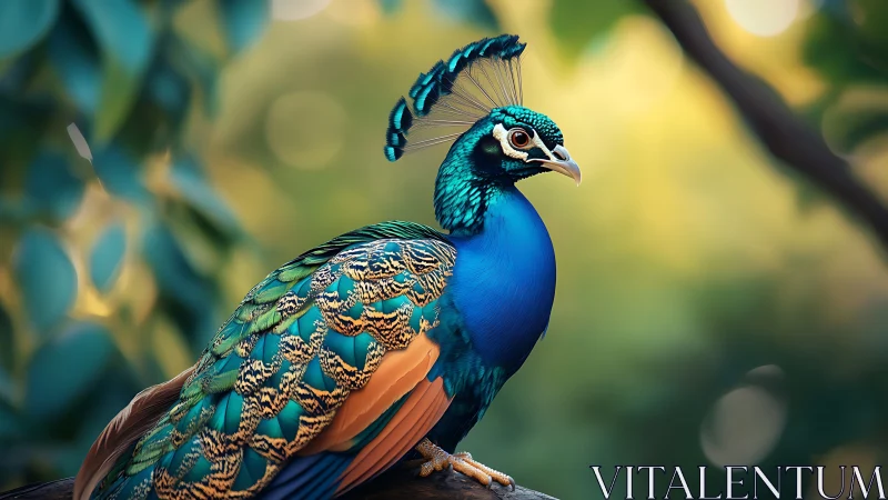 Vibrant peacock portrait in lush nature, detailed and vivid style.