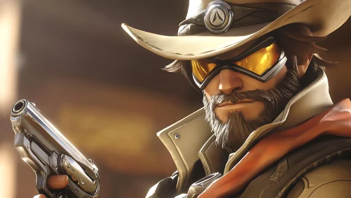 Cybernetic gunslinger portrait with futuristic revolver.