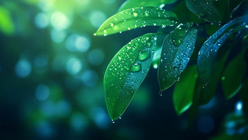 Close-up of wet green leaves with water droplets at night.