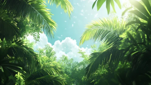 Emerald Canopy Dreams: Sky Gazing Through Palms.