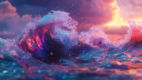 Prismatic stormwave curls upward, drinking the neon sunset