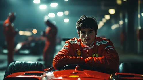 Brooding young racer steeps in neon-lit pit lane calm.