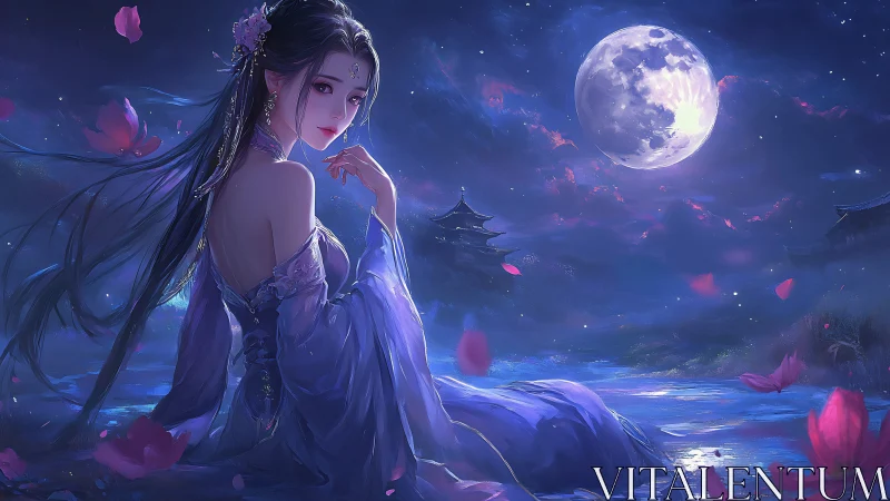 Lunar-lit wuxia maiden beside reflective river with lotus petals