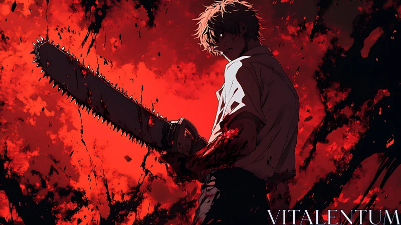 Grim chainsaw fighter stands strong in a blazing red storm