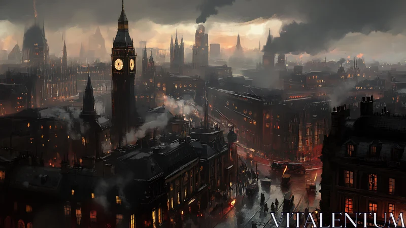 Industrial-era cityscape with clock tower under heavy smoke.