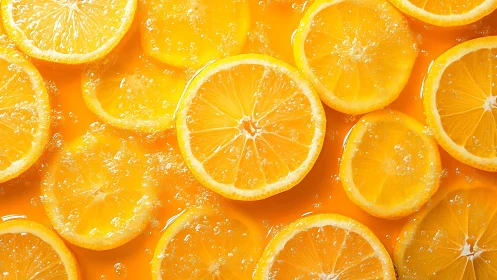 Macro closeup of lemon slices immersed in effervescent liquid