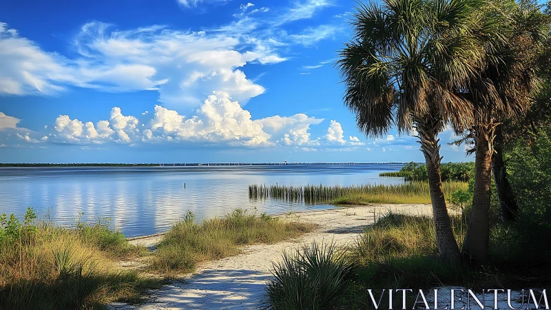 Palm trees frame calm coastal inlet with clouds overhead