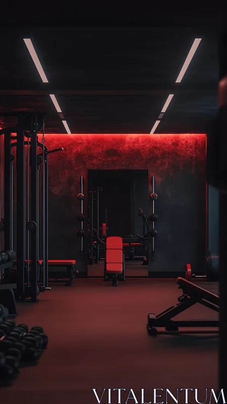 Red-accented commercial gym interior under linear LED strips