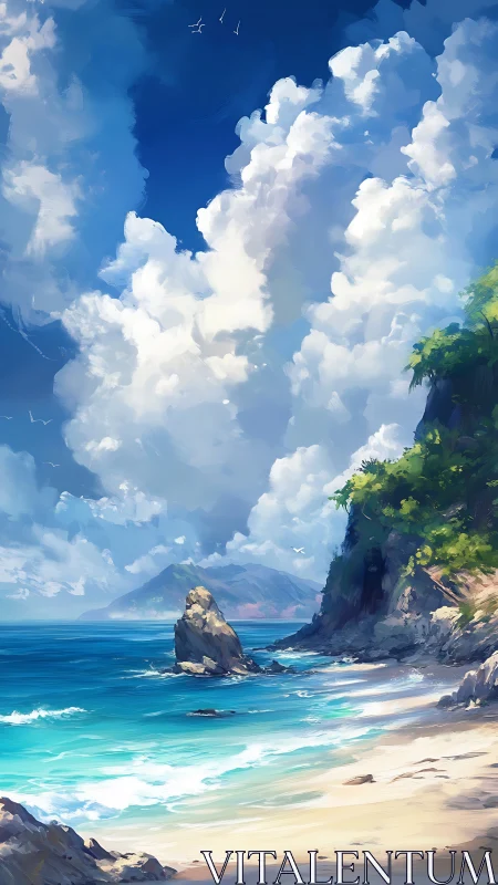 Tropical coastal paradise with towering cliffs and turquoise waters.